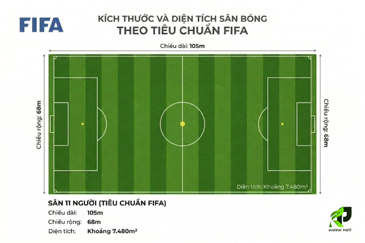 Bản vẽ mặt bằng sân bóng 11 người tiêu chuẩn FIFA — kích thước 105m × 68m, diện tích 7.480m²